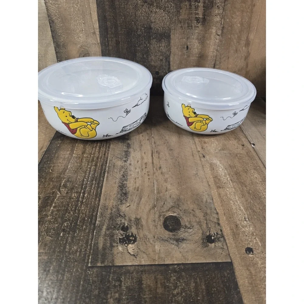 Disney Winnie the Pooh Ceramic Storage Bowl Set 2pc Vented Lids Hand Painted Art